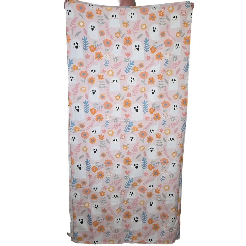 Cute Pink Floral Ghost Shower Curtain Halloween Bathroom Decor Retro Spooky Boho